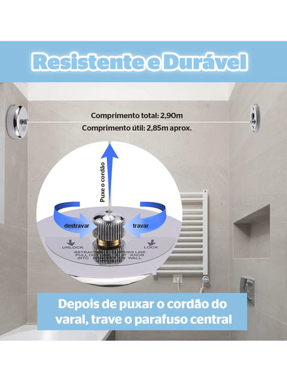 Varal Retrátil Lorben Aço Inox Corda de Nylon 2,9m Pendurar de Roupas Banheiro Apartamento Compacto Extensível Cromado