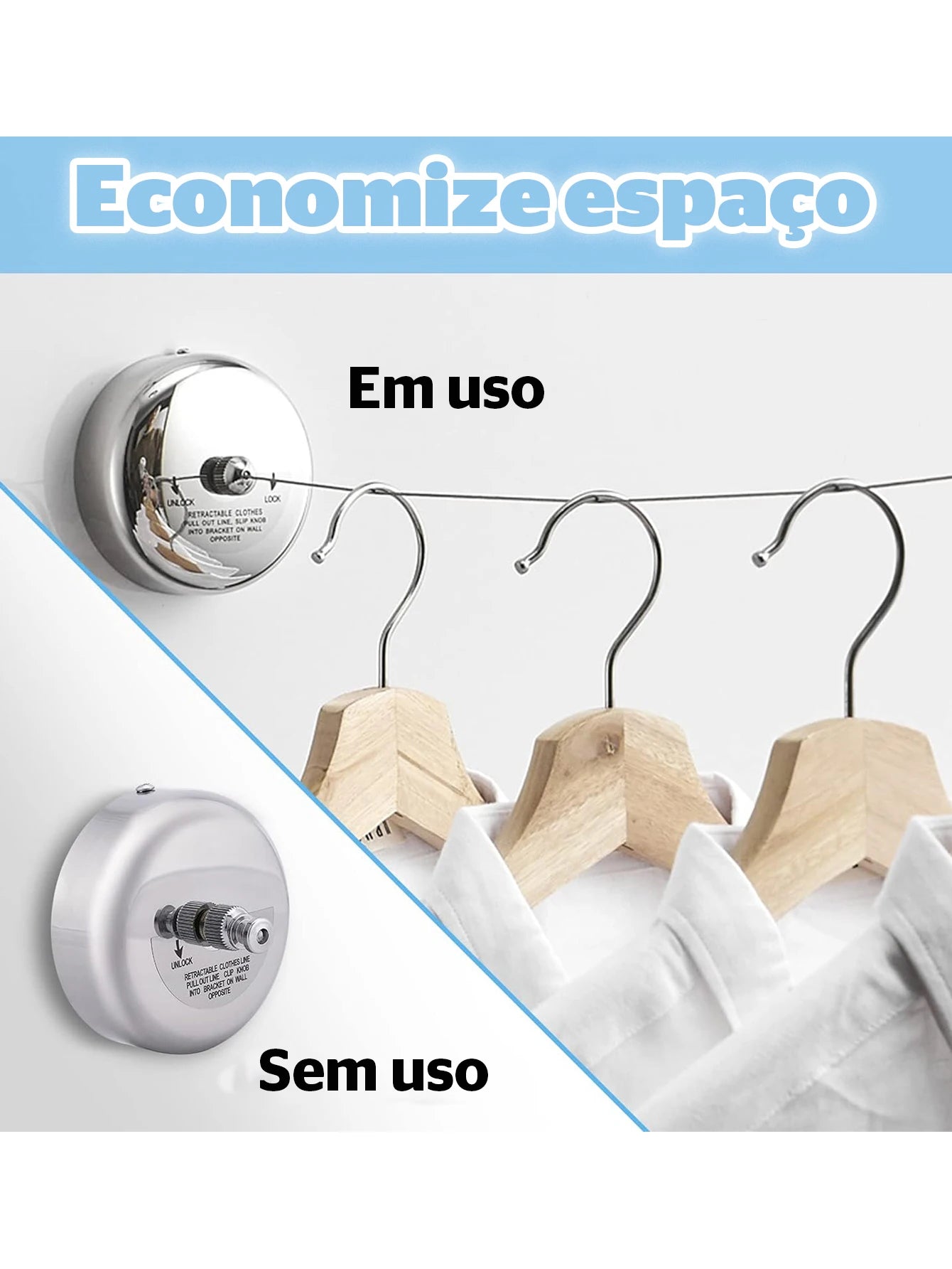 Varal Retrátil Lorben Aço Inox Corda de Nylon 2,9m Pendurar de Roupas Banheiro Apartamento Compacto Extensível Cromado