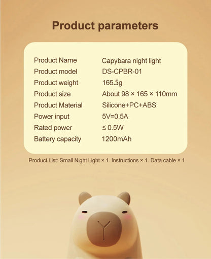 Capivara de silicone luzes noturnas portátil usb recarregável animal toque controle lâmpada com função temporização para decoração do quarto casa