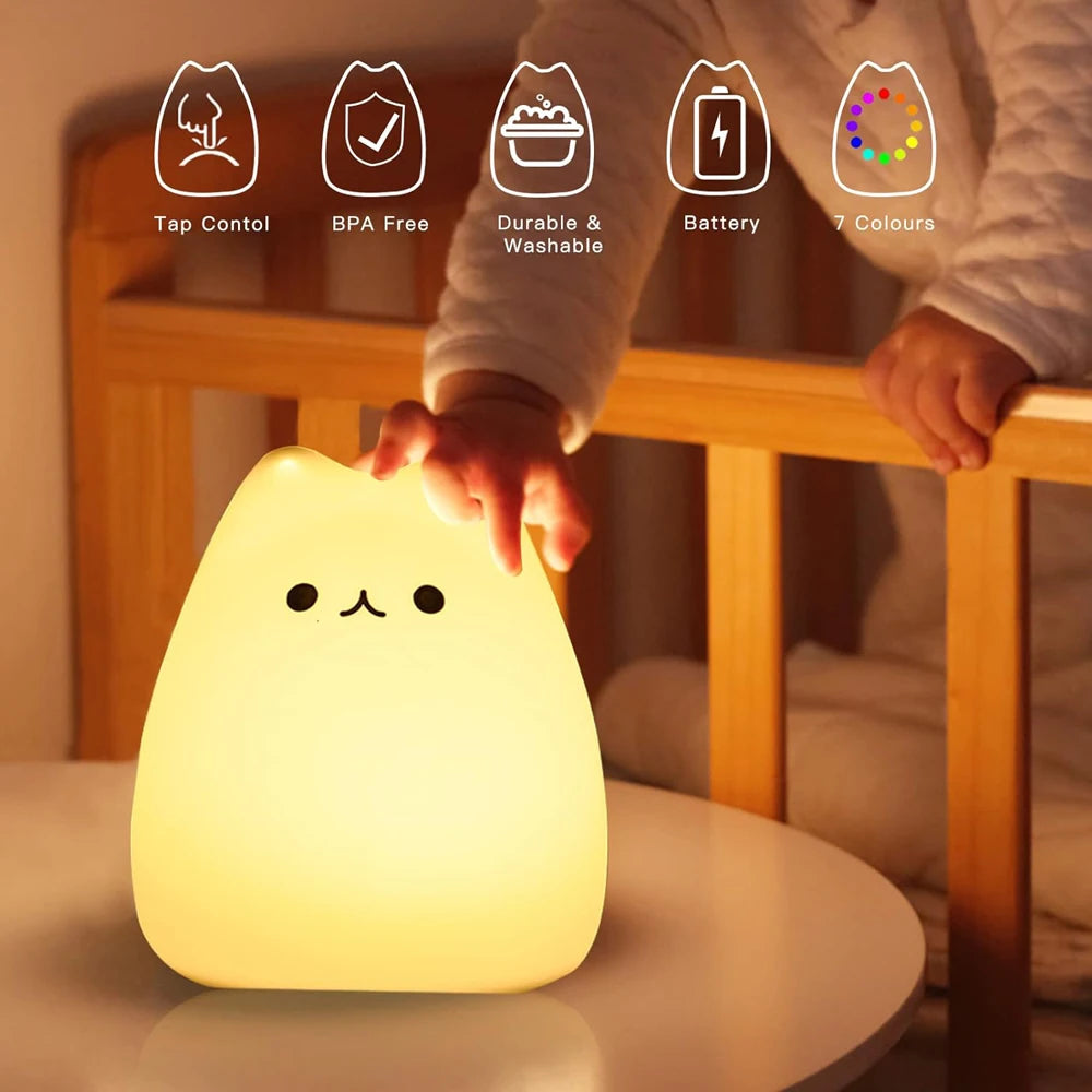 LED Cat Night Light para Crianças, Silicone, Bonito, Berçário, Portátil, Multicolor, Presentes de Natal, Crianças