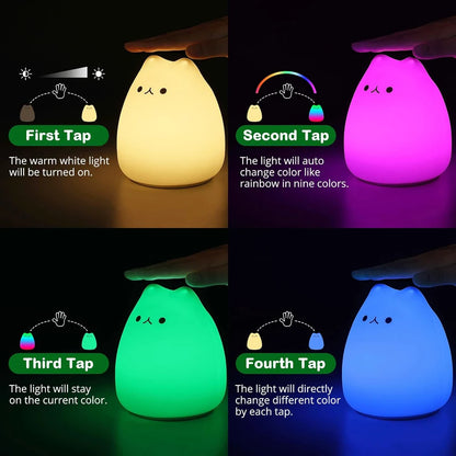 LED Cat Night Light para Crianças, Silicone, Bonito, Berçário, Portátil, Multicolor, Presentes de Natal, Crianças