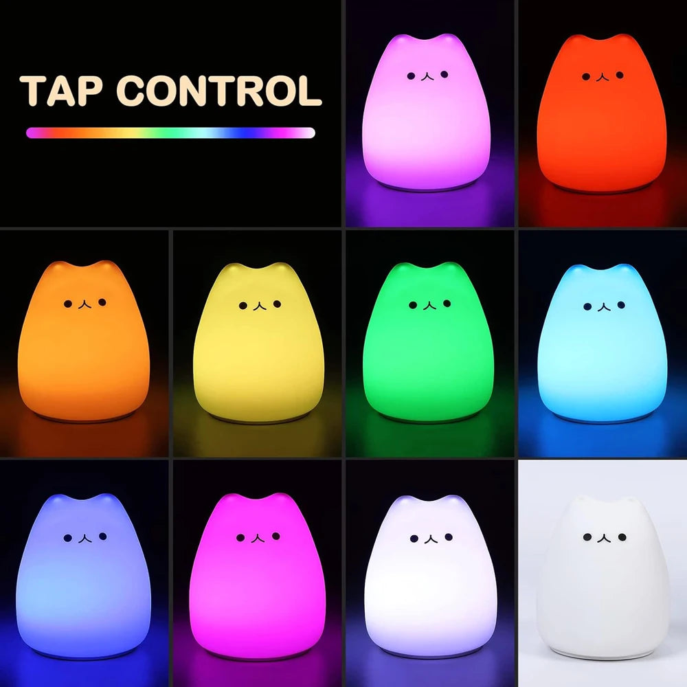 LED Cat Night Light para Crianças, Silicone, Bonito, Berçário, Portátil, Multicolor, Presentes de Natal, Crianças