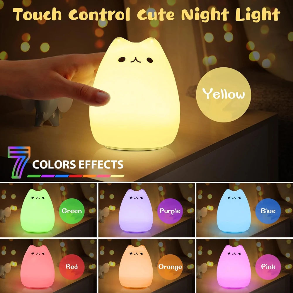 LED Cat Night Light para Crianças, Silicone, Bonito, Berçário, Portátil, Multicolor, Presentes de Natal, Crianças