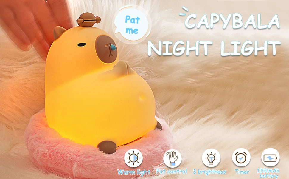 Capivara de silicone luzes noturnas portátil usb recarregável animal toque controle lâmpada com função temporização para decoração do quarto casa